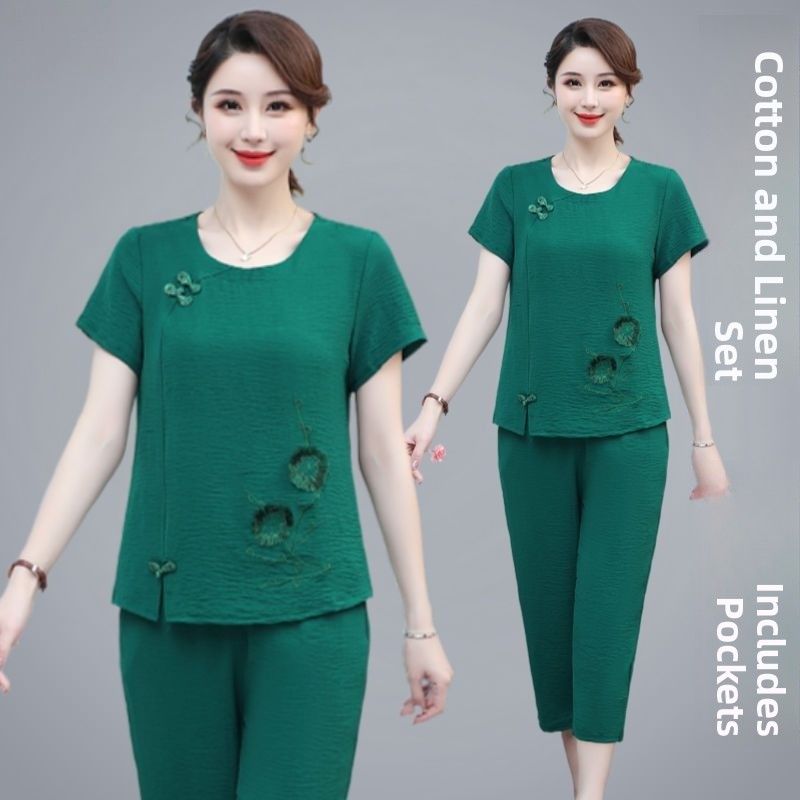 Summer Clothing Over 60 - Yazlık Pamuklu Keten Kısa Kollu Anne
