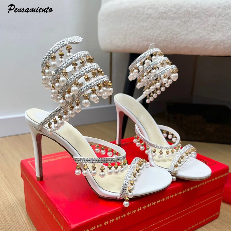 Summer Holiday Clothing Women - Lüks Rhinestones İnciler Püsküller Kadın Gladyatör