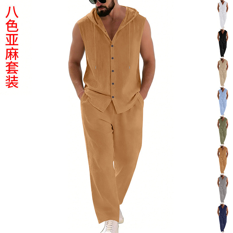 Summer Clothing Men - Erkek Günlük Keten Takım Elbise Kapüşonlu