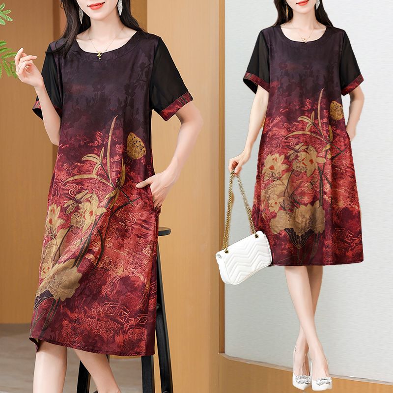 Summer Clothing Over 60 - Zarif Orta Boy Baskılı Elbise Anne